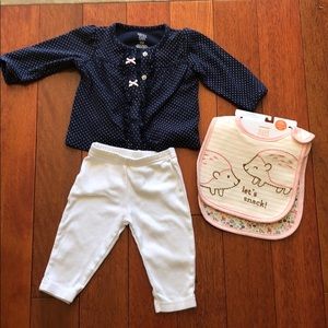 1 carters outfit 6 month, set of 2 carters bibs.